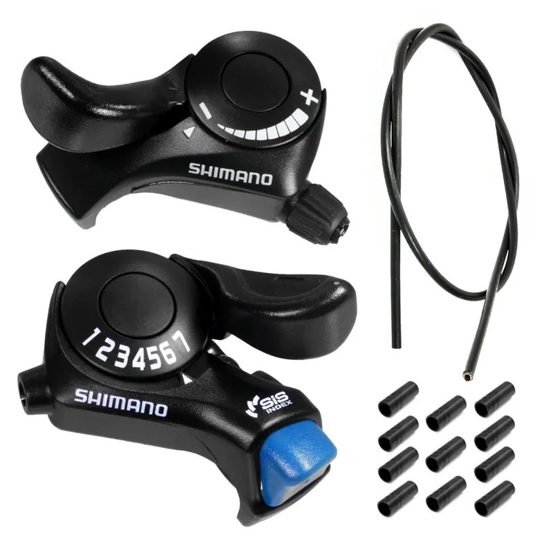 Manetki Shimano Tourney SL-TX30 3x7 (komplet) + Pancerz przerzutki Clarks 3 m + 10 końcówek pancerza Promocja