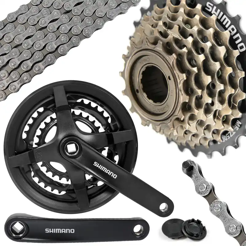 Oryginalny Zestaw anapęd rowerowy Shimano Korba FC-TY301 + wolnobieg MF-TZ500 7 rzędów + łańcuch CN-HG40