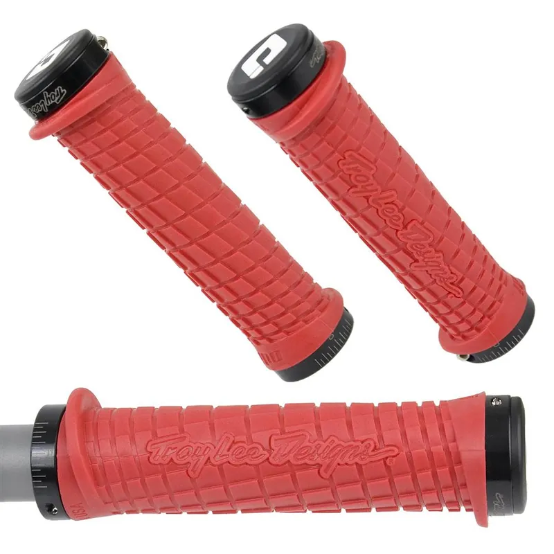 Chwyty przykręcane MTB ODI Troy Lee Designs, Lock-On czerwone, czarne obejmy, 130mm Rabat