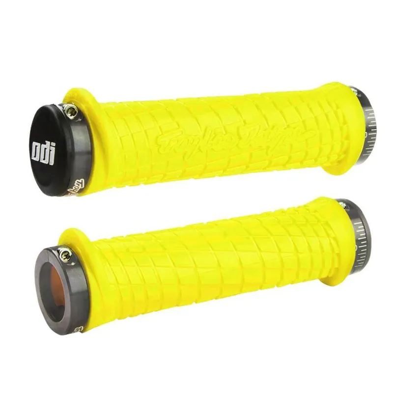 Chwyty przykręcane MTB ODI Troy Lee Designs, Lock-On żółte fluo, szare obejmy, 130mm Oferta limitowana